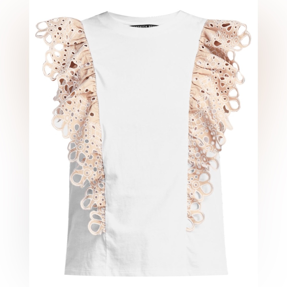 Veronica Beard Jadi Eyelet Ruffle Tee White & Light Khaki, Size S - Picture 3 of 11